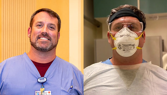Nurse Andrew Dundin with and without PPE