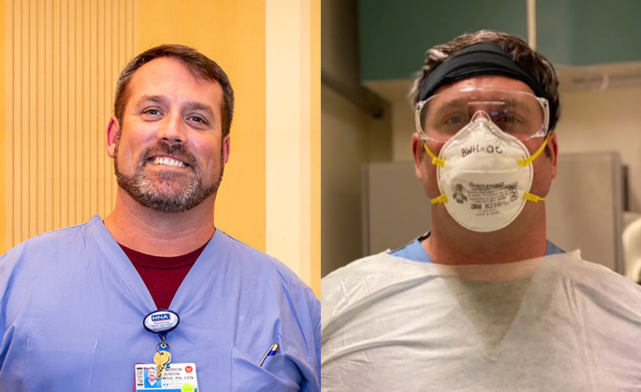 Nurse Andrew Dundin without and with PPE
