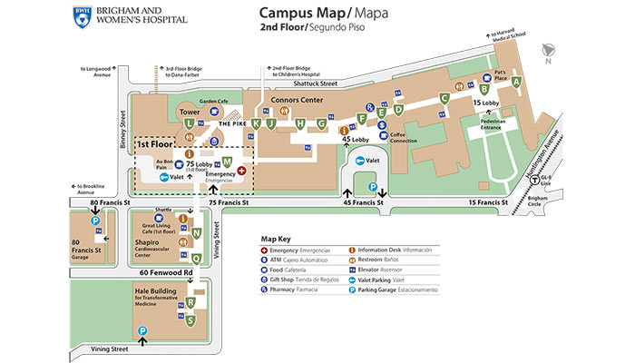 map campus main bwh boston directory parking hospital brigham valet locations wayfinding pdf around