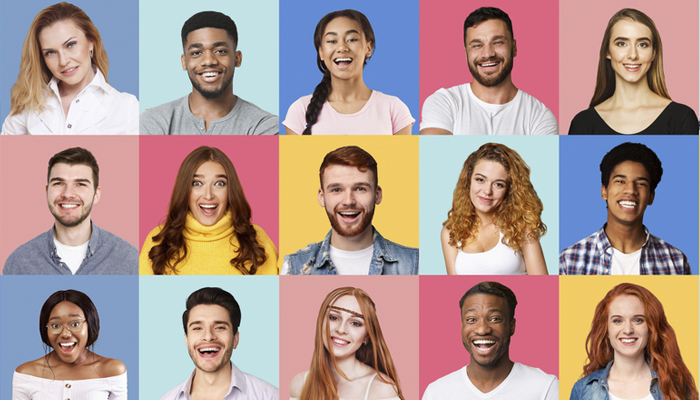 Collage of brightly colored squares containing portraits of diverse people