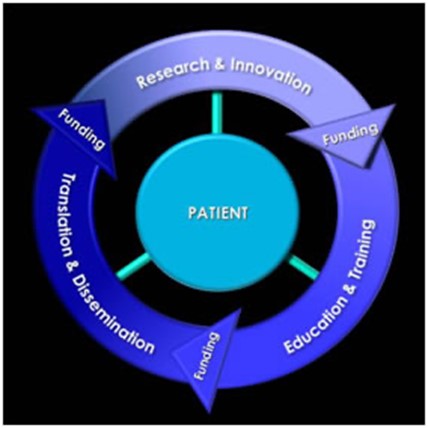 A circular arrows diagram with Patient at the center. Running clockwise around the circle are Research & Innovation, Funding, Education & Training, Funding, Translation & Dissemination, and Funding, which connects at the beginning of the circle.